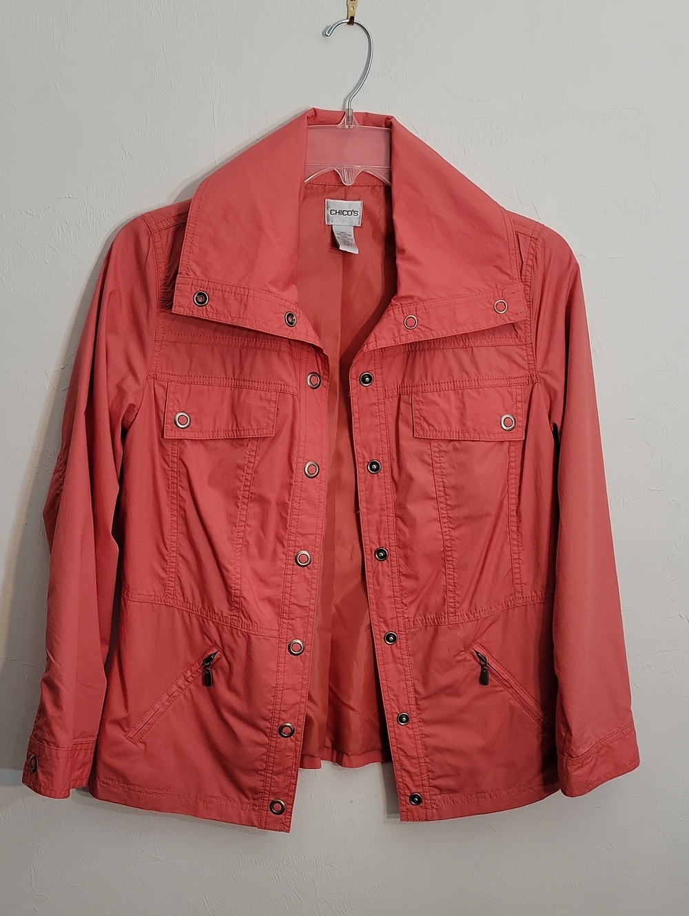 Chico's Coral Utility Jacket with Snap & Zip Pockets